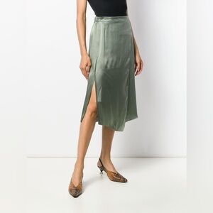Vince Olive Satin Flint Draped Panel  Midi Skirt XS Elastic Waist